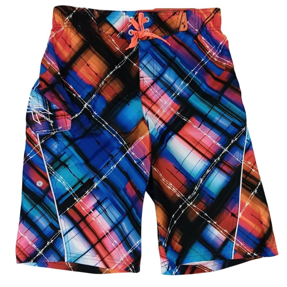 ZeroXposur Swim Trunks Boys Large 14-16 Red/Blue Pattern Drawstring Lined UPF50+